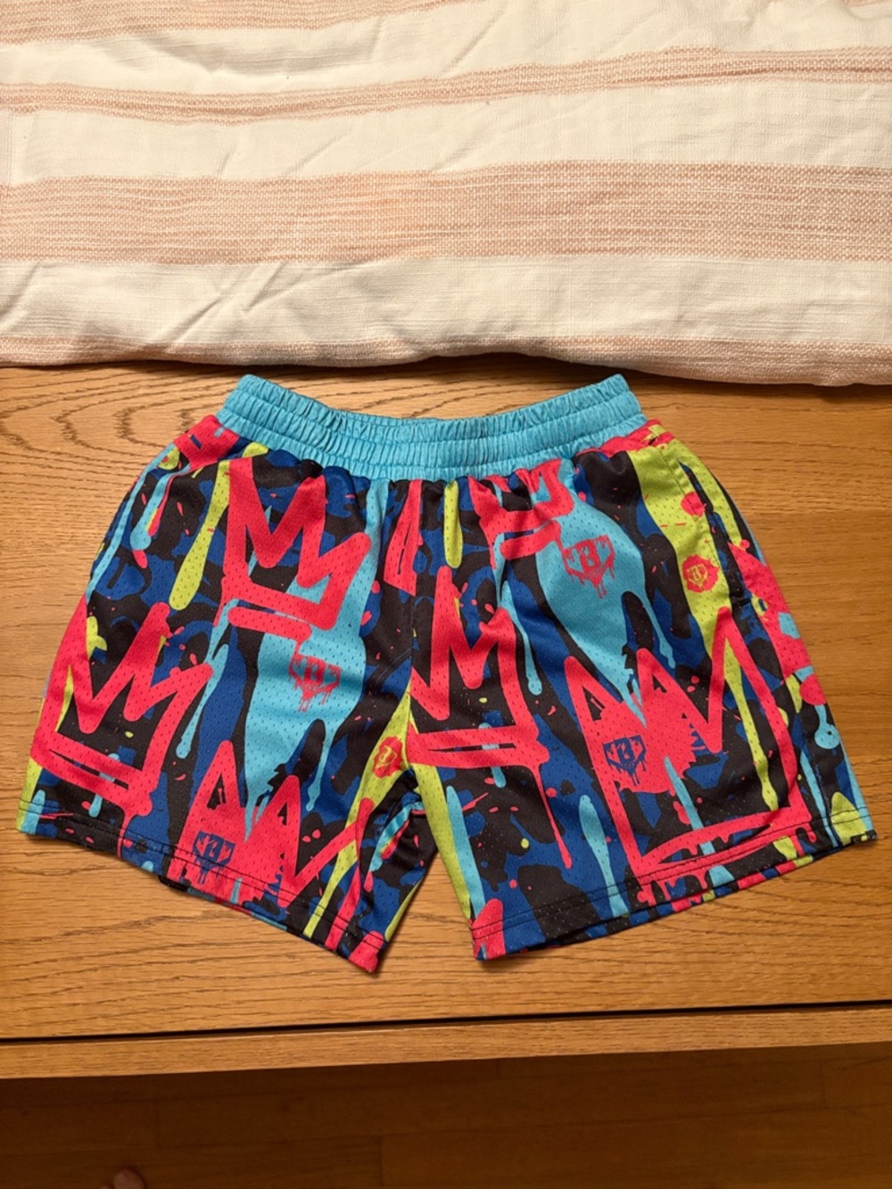 Kids Neon Graffiti Athletic Shorts - Blue/Pink/Green